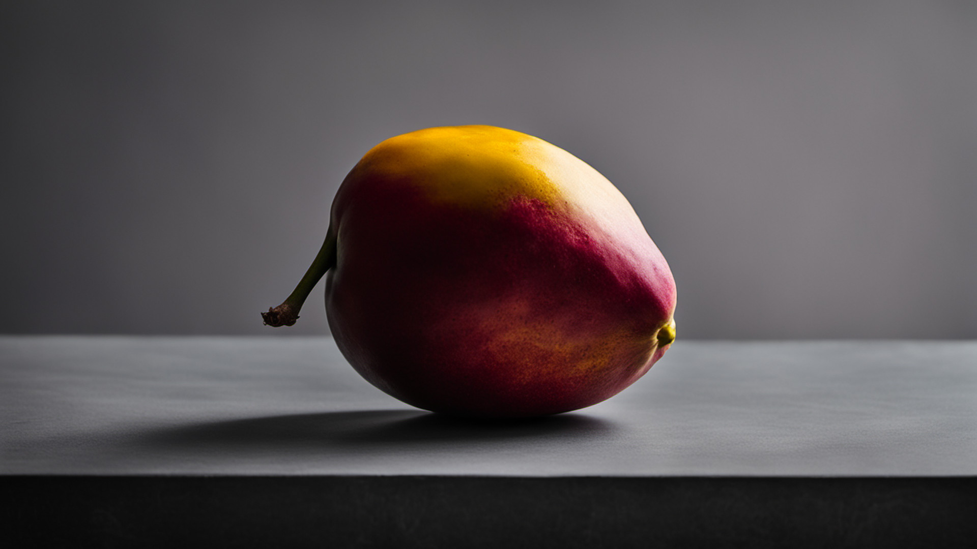 Generated single whole ripe mango on a gray tabletop