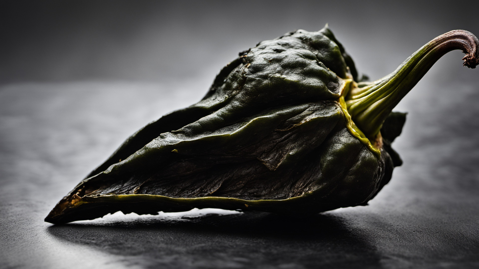 Generated whole roasted poblano chile with black-blistered charred skin
