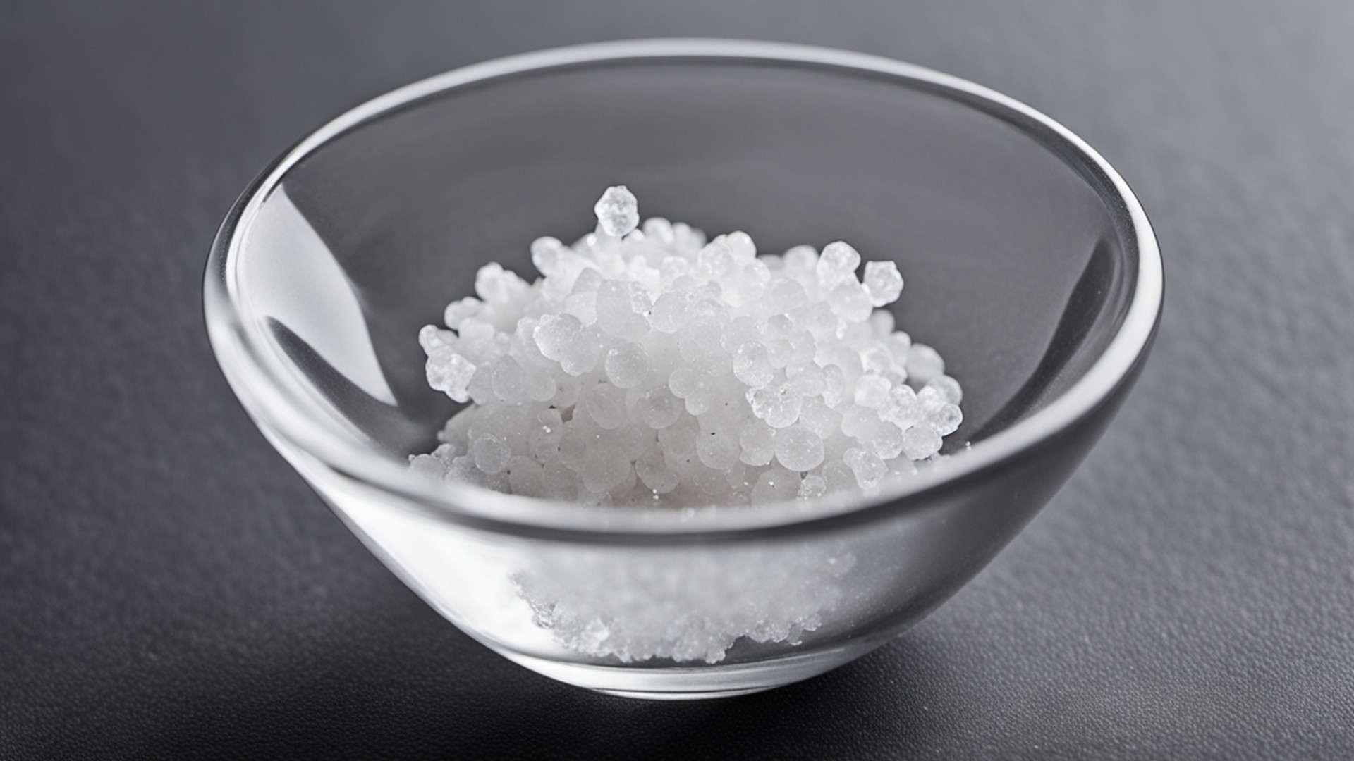 Generated exactly one clear-glass pinch bowl filled with coarse white salt crystals