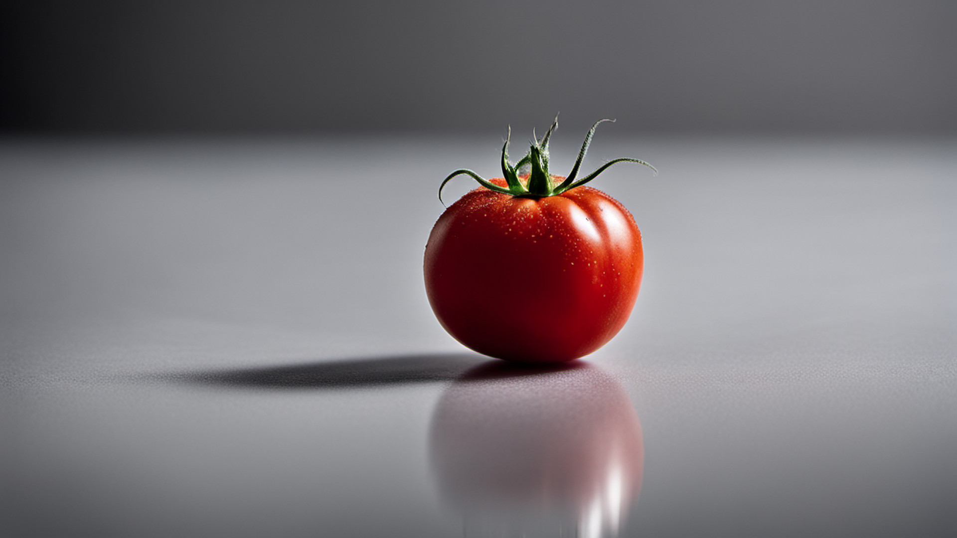 Generated single whole red tomato on a gray tabletop