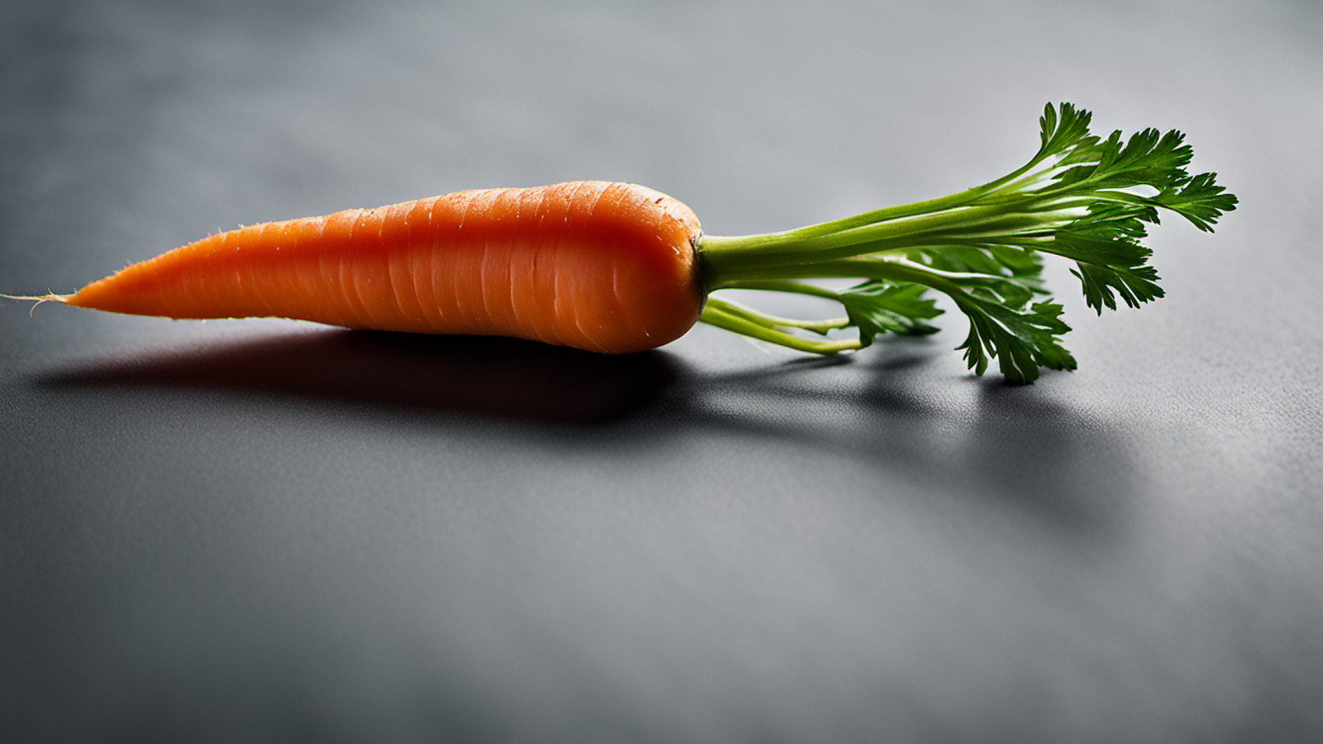 Generated single whole orange carrot on a gray tabletop