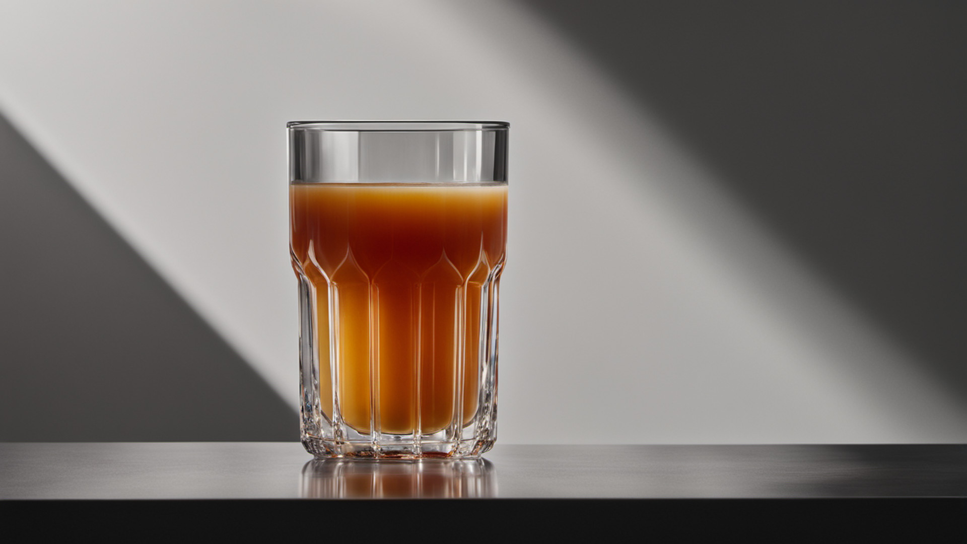 Generated plain clear tumbler of fruit juice representing the published use of fruit juices for acidity; not an actual ingredient, product, or premises photo