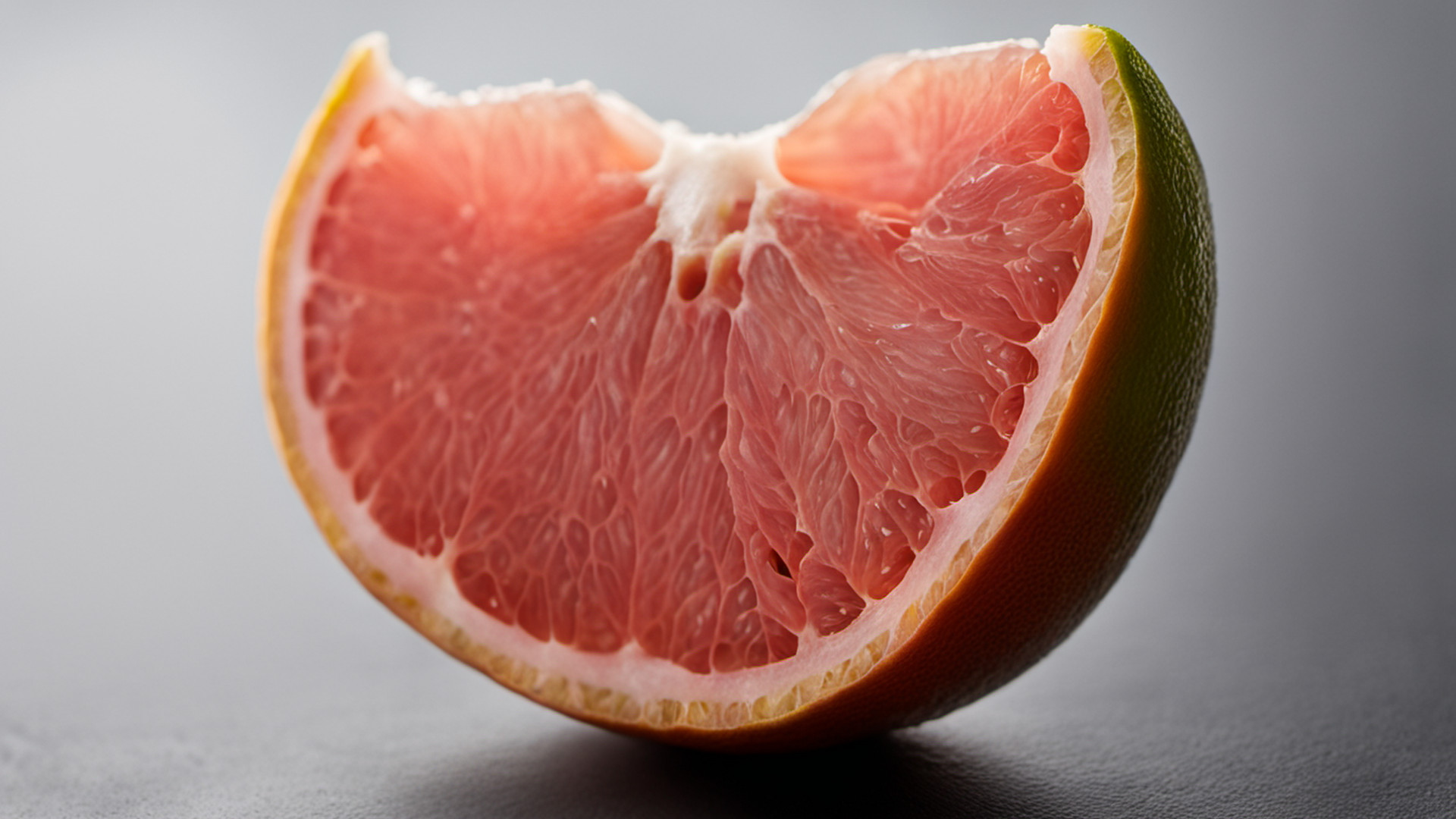 Generated pink grapefruit wedge on a gray tabletop