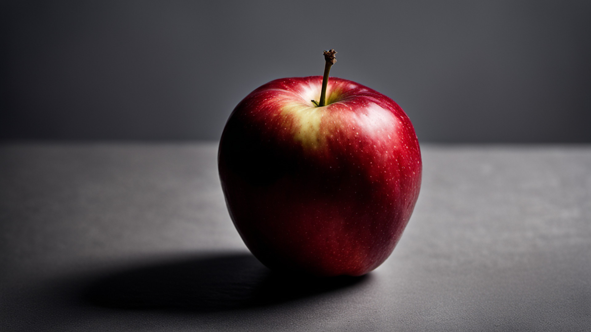 Generated single red apple on a gray tabletop