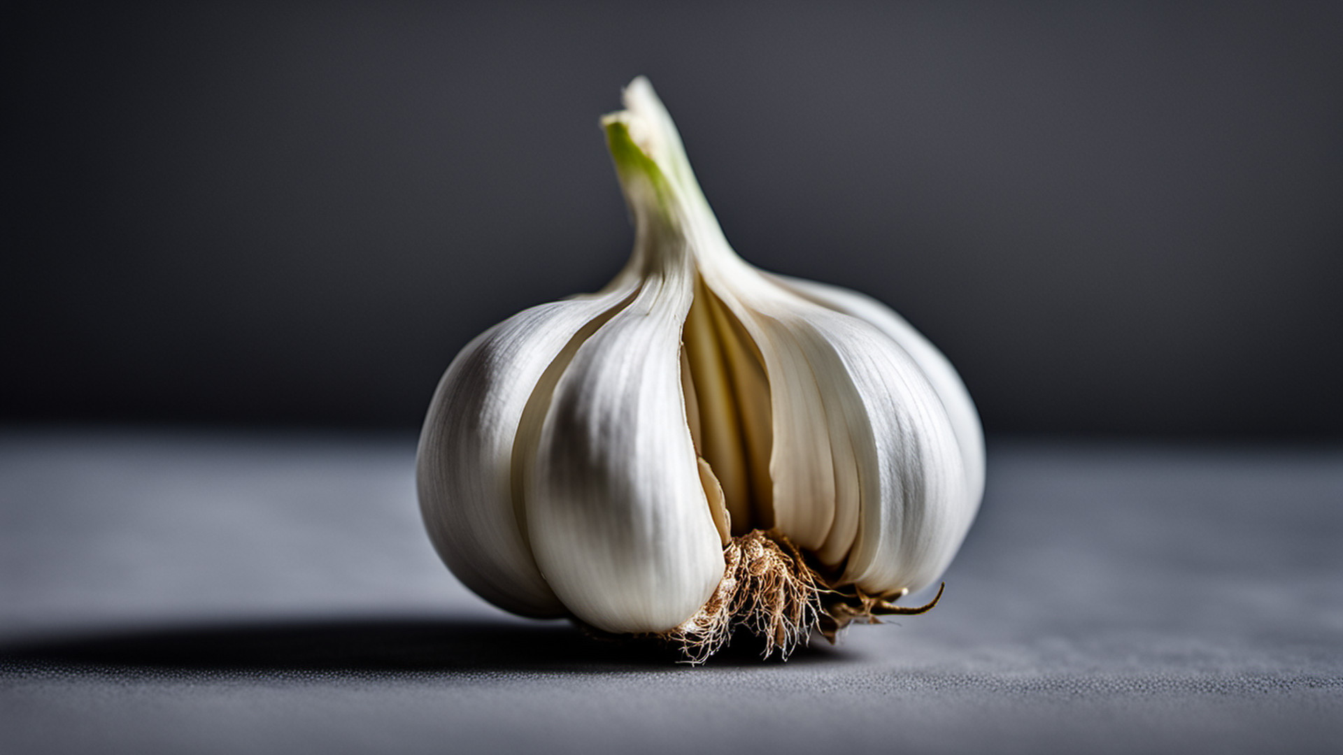 Generated single white garlic bulb on a gray tabletop